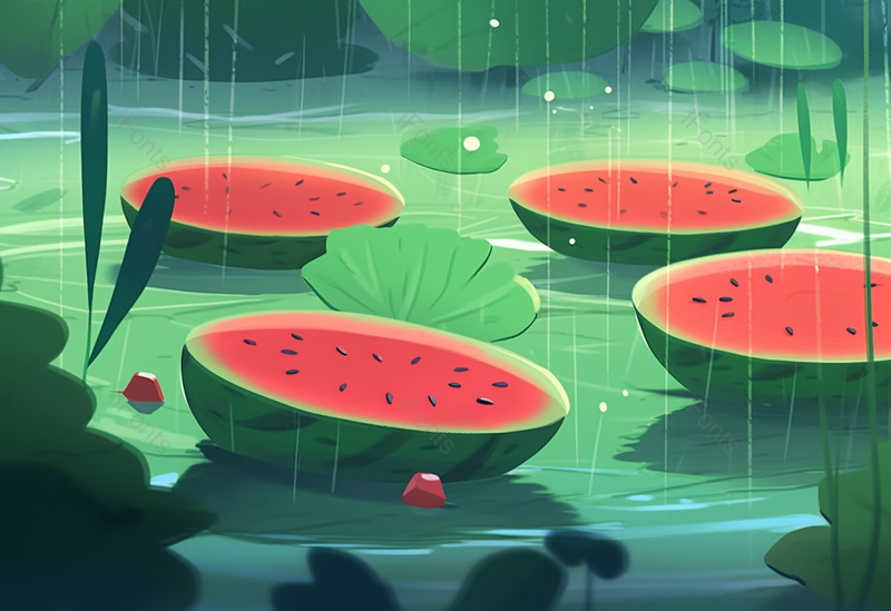 绿红色夏日雨季下雨西瓜荷叶插画背景,插画/手绘图,插画/手绘图库,插画/手绘图下载,插画/手绘